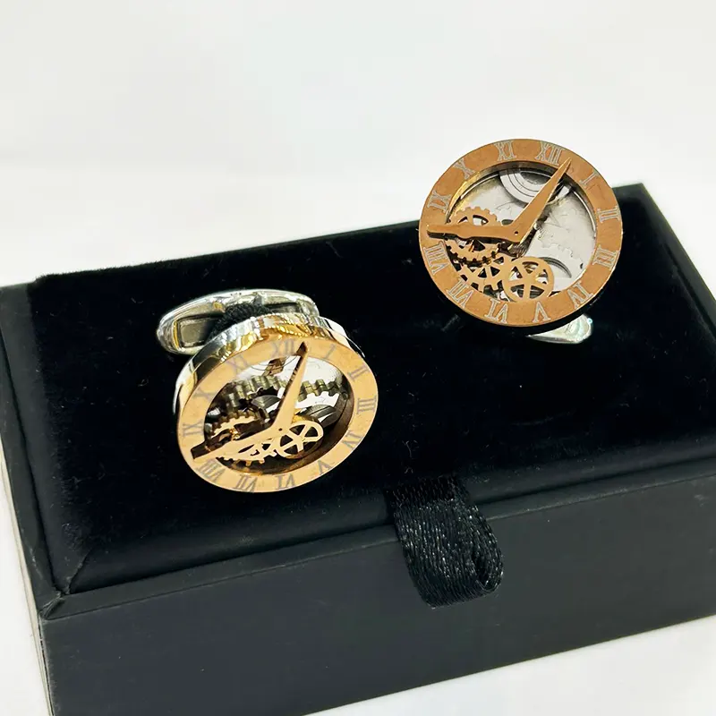 A Pair of Metal Steel Rose Gold Watch Look Men's Fashion Cufflinks